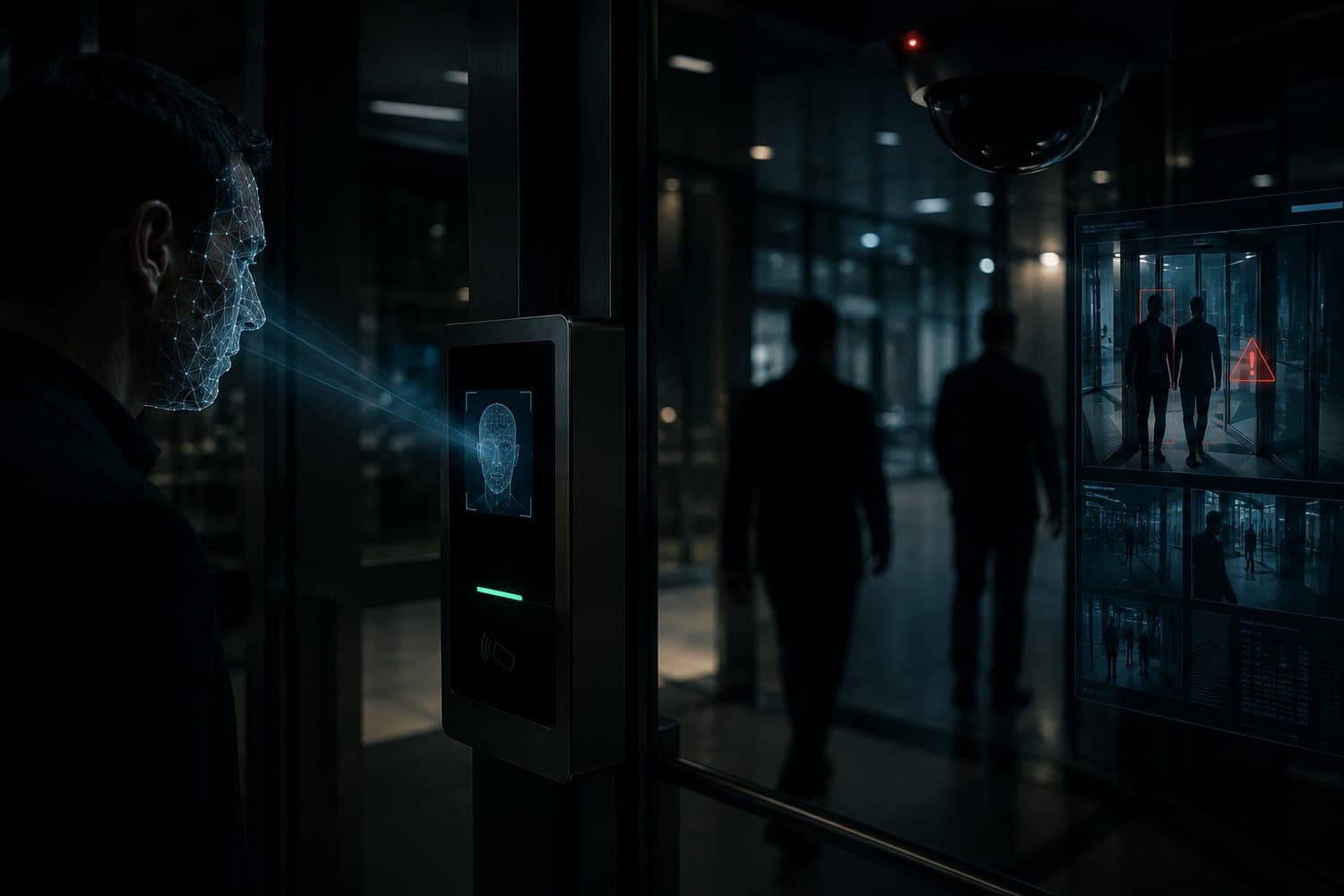 Lector de acceso con reconocimiento facial en la entrada de un edificio con una pantalla de monitoreo con IA marcando una alerta de tailgating
