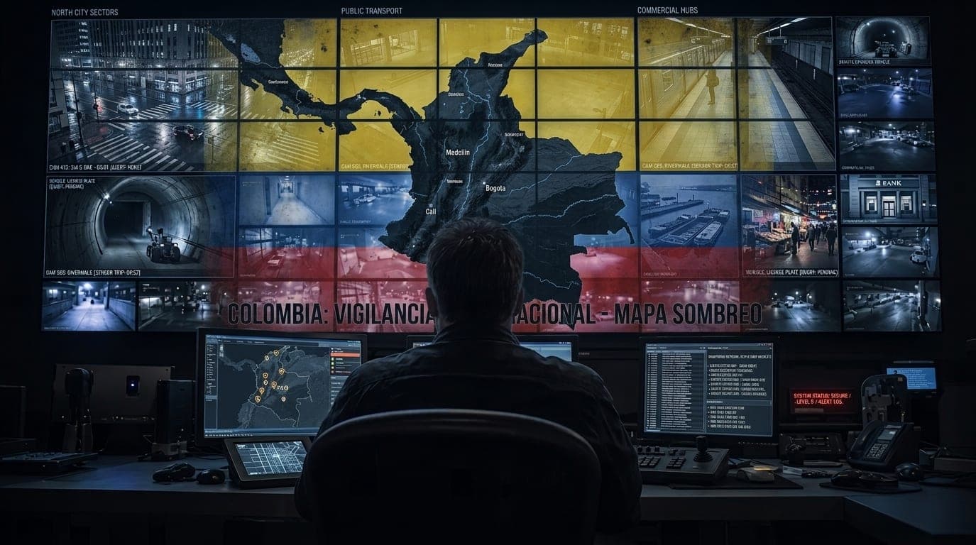 Map of Colombia with the national flag over a wall of surveillance camera monitors