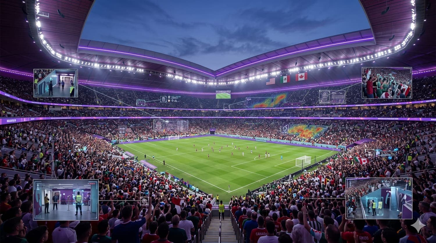 Packed World Cup stadium at dusk with AI security camera overlays monitoring the crowd and the flags of the three host countries